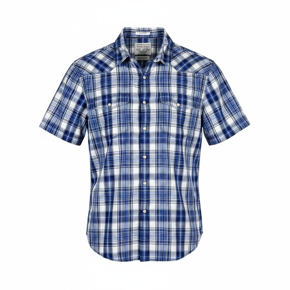 Lucky Brand Mens Blue White Plaid Short Sleeve Western Button Down Shirt Size M